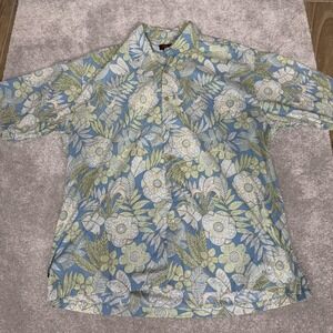 Tori Richard Shirt Mens Large Blue Green Floral Hawaiian Aloha Button Front